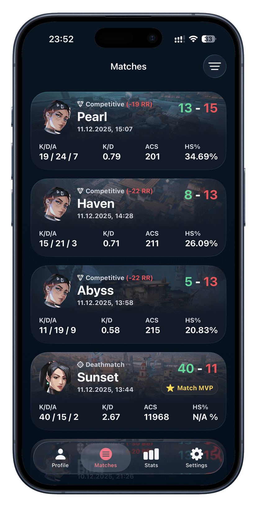Valorant Match History Mobile View